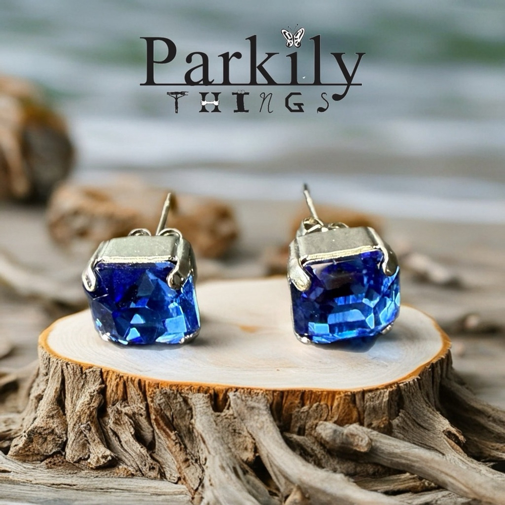 Sapphire Blue Crystal Stud Earrings - Picture 3 of 4